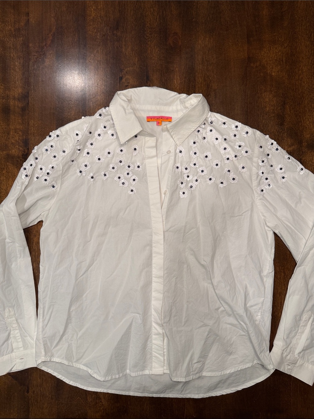 Vilagallo White Button Down Beaded Embroidered Sequin Flower Size 44